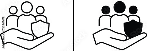 Protection and Support Icon: An icon depicting a hand cradling a shield and a group of figures, symbolizing care, security, and communal safety.