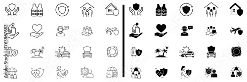 Icons of Well-being: A collection of meticulously crafted icons portraying diverse facets of security, protection, and personal care. The icons serve as visual metaphors for safety, safeguarding.