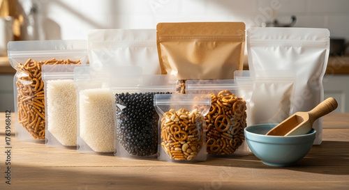 An assortment of various resealable stand-up pouches and clear zipper bags filled with dry goods like pretzels and grains for pantry organization