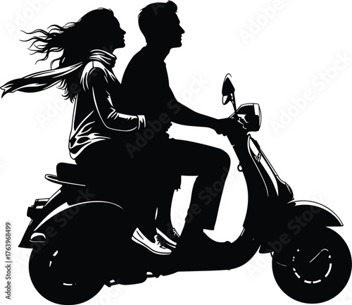 Silhouetted couple riding a scooter together on a windy day enjoying the journey