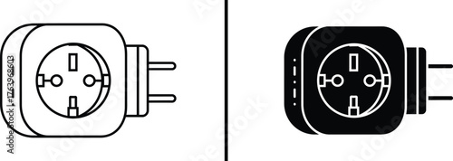 Plug-in Illustration: A detailed black and white illustration of a European power plug, designed to showcase the functional and straightforward elements of electricity connection.
