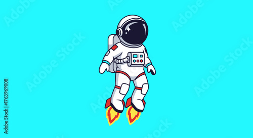 An astronaut in a white spacesuit with red and yellow flames coming out of their boots, floating against a bright cyan background