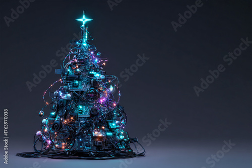 Futuristic Christmas tree constructed from glowing motherboards with fiber optic cable garlands and blinking LED ornaments under holographic drone star in cyberpunk style for tech company promotions e