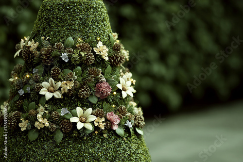 Living Christmas tree shaped from perfectly trimmed boxwood with dried flowers pine cones and solar fairy lights in natural eco-friendly design for sustainable brand promotions botanical marketing or 