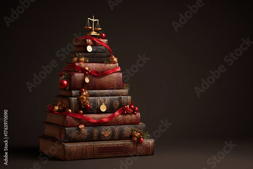 Christmas tree crafted from stacked leather-bound law books with legal tape garland and golden scales of justice ornaments in professional office setting for law firm holiday campaigns, corporate lega