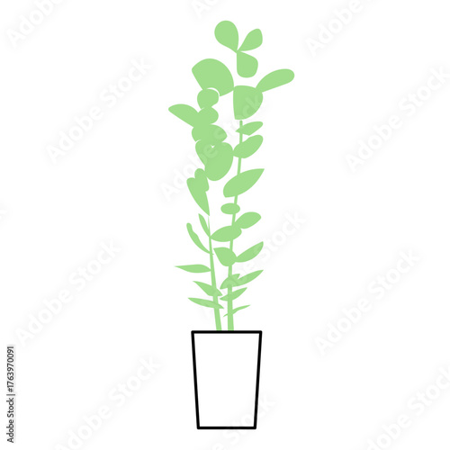 スリムな鉢に植えられたユーカリの観葉植物をシンプルに描いたベクターイラスト｜ナチュラルで爽やかな印象を与えるインテリアグリーンとして、モダンな空間演出に最適なデザイン
