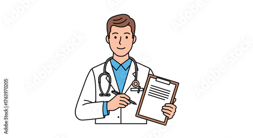 Illustration of healthcare professional doctor with stethoscope and clipboard for medical advice visit
