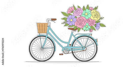 Vintage bicycle with flower basket illustration for spring season floral delivery and romantic bike ride theme