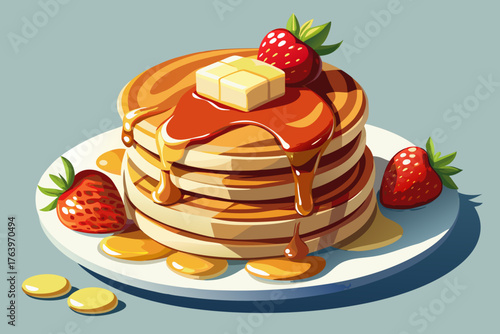 vector of Fluffy breakfast pancakes with maple syrup, melted butter and fresh strawberries. Modern design with layered arrangement and powdered sugar on the surface.