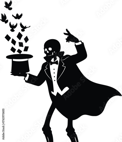 Skeleton magician in tuxedo conjures birds and diamonds from top hat