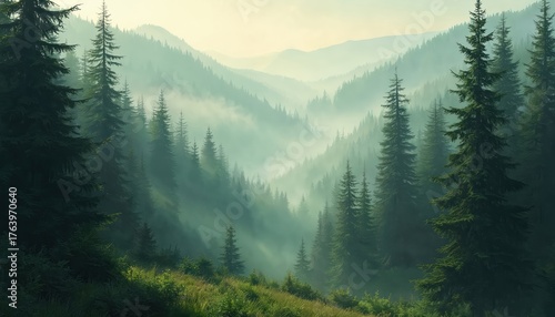 Misty forest landscape with sunlight filtering through trees. Scene evokes serene tranquility. Rich green trees and mountains in the fog creates natural wallpaper background. Travel, eco themes.