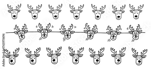 Cute doodle reindeer head collection Set of hand drawn cartoon deer faces for Christmas holiday design Vector animal characters illustration