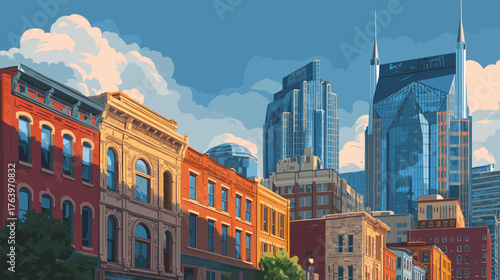 Cityscape of Nashville, city of USA, attractive touristic advertisement poster, beautiful touristic must-see destination. Beautiful tourist destination in USA. Big city with in Tennessee.