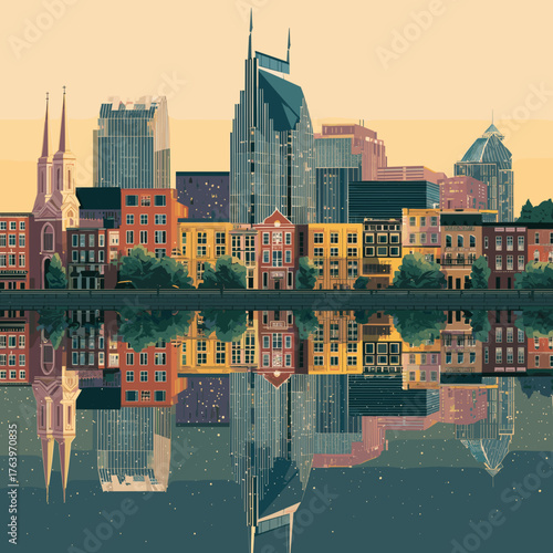 Cityscape of Nashville, city of USA, attractive touristic advertisement poster, beautiful touristic must-see destination. Beautiful tourist destination in USA. Big city with in Tennessee.