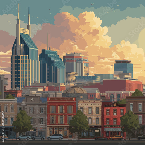 Cityscape of Nashville, city of USA, attractive touristic advertisement poster, beautiful touristic must-see destination. Beautiful tourist destination in USA. Big city with in Tennessee.