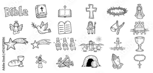 Christian Symbols Icon Set Bible Cross Dove Nativity Chalice Rosary Outline Vector