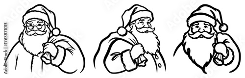 Santa Claus head outline set Hand drawn Christmas character portraits for coloring book Vector line art illustration