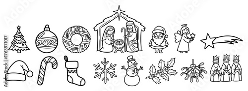 Christmas doodles vector icon set Hand drawn collection of holiday symbols including nativity scene Santa and snowman