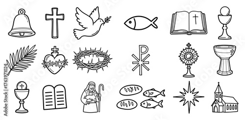Christian religion doodle icon set Hand drawn vector collection of catholic and biblical symbols