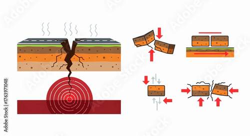 A seismic activity diagram showing plate tectonics, a vector illustration of isolated objects for commercial use