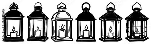 Hand drawn Christmas lantern set Doodle sketch style vintage lamps with candles for holiday decoration Vector illustration
