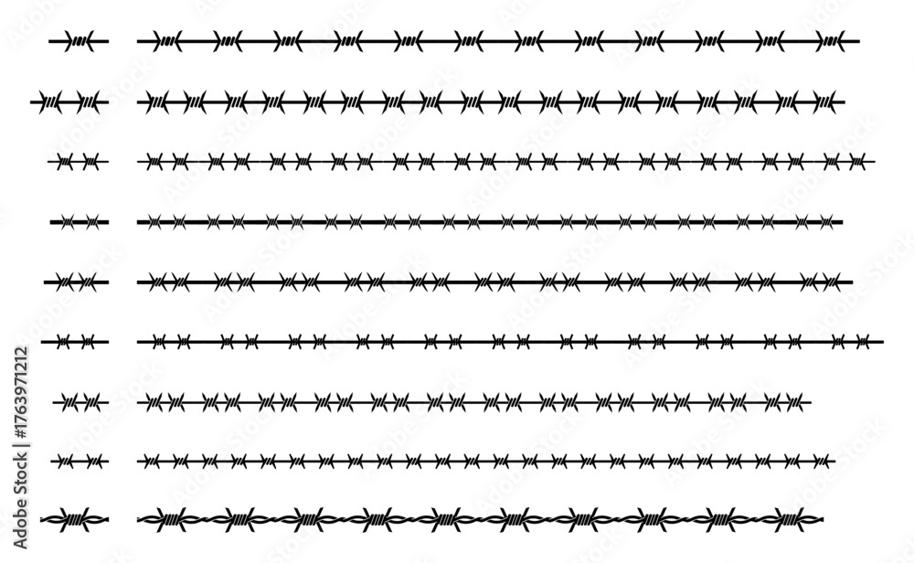 Fototapeta premium Barbed Wire Seamless Borders Thin Line Set Minimal Monochrome Vector Dividers