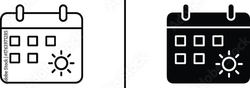 Sun Calendar Icon: a calendar icon with a sun icon in it. represent of schedule or event 