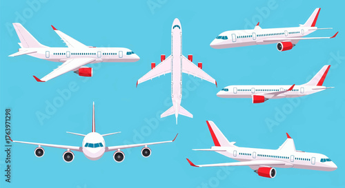 Passenger airplane set from various angles. Flat vector illustration showing isolated objects for commercial use