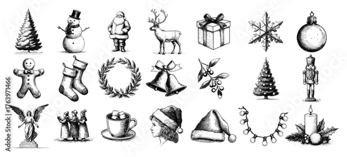 Christmas sketch vector elements set Hand drawn vintage style holiday icon collection with Santa and angel