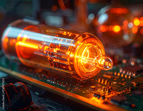 Close-up of a glowing vacuum tube on a circuit board, showcasing intricate internal components and warm orange light.