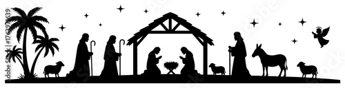 Nativity Scene Silhouette Border Christmas Manger Holy Family Vector Banner