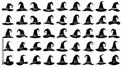 Collection of spooky witch hat silhouettes for design. Vector illustration of isolated objects for commercial use