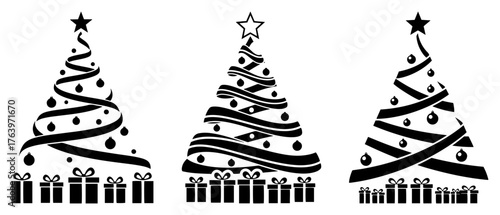 Christmas Tree Silhouette Logo Set Ribbon Swirl Trees With Gifts Vector