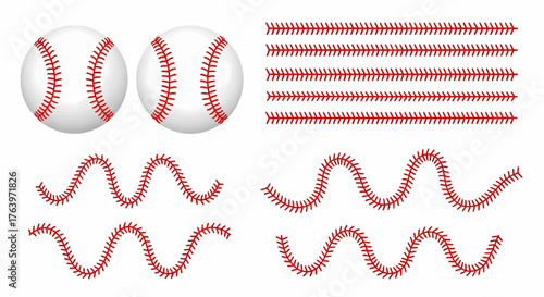Vector illustration of baseballs and red seam patterns, a set of isolated objects for design and commercial use