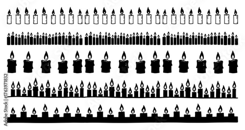 Hand drawn candle seamless border set Collection of doodle burning candles with flames for decoration Vector illustration