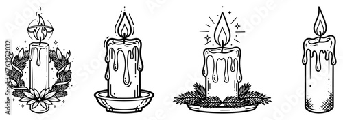 Hand drawn Christmas candle set Doodle sketch style holiday burning candles with decoration Vector illustration