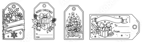Hand drawn Christmas gift tags collection Vector sketch holiday present labels with festive decorations