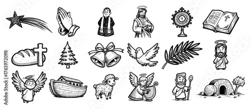 Hand drawn Christian religion and Christmas icons set Sketch style biblical symbols collection Vector doodle illustration