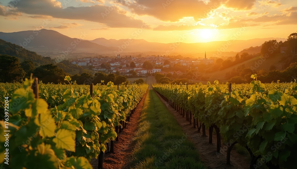 Naklejka premium Picturesque sunset over vineyard rows leading to small town. Beautiful gold light, green vines, hills. Rural landscape. Summer evening, travel destination, peaceful atmosphere.
