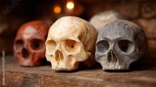 Explore the fascinating display of hominid skulls highlighting human evolution in a museum setting