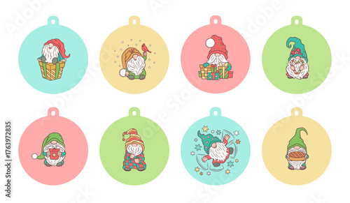 Christmas gift tags with cute gnomes in circle frame Xmas ornament ball shape. Winter present label set. Holiday season decoration. Cartoon vector illustration.
