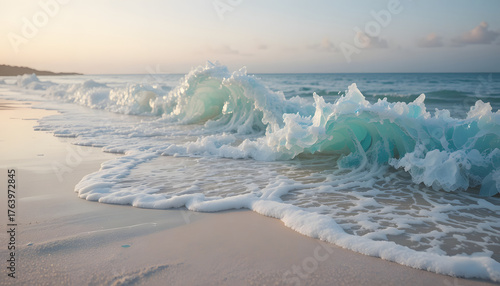 Coastal scene of iridescent sea glass waves lapping a pale sandy beach at dawn