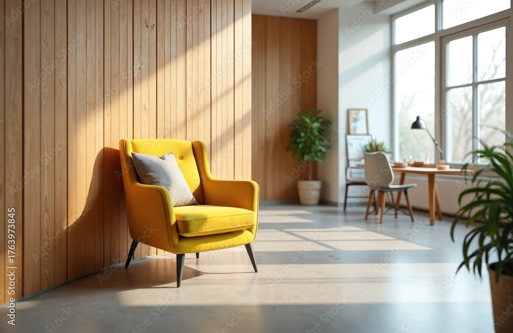 Fototapeta premium Stylish modern office interior with natural light. Yellow armchair stands near wooden wall. Comfortable space for relaxation. Green plants, simple table and chair. Bright open-plan design.
