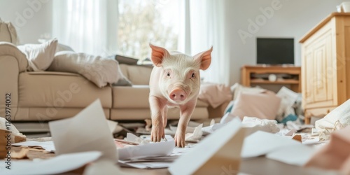 A playful pig has turned a messy living room into a delightful chaos and disorder