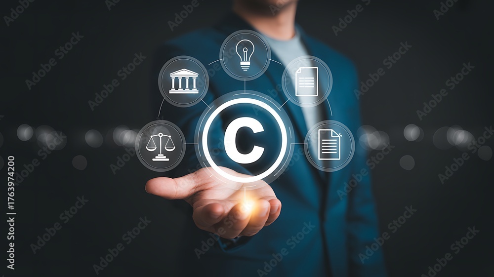 Fototapeta premium A businessman holding a copyright symbol with icons representing intellectual property rights, law, idea, document, and justice, ensuring legal protection