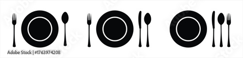 Elegant Cutlery and Plate Icon Set – Minimalist Black and White Dining Utensil Silhouettes for Restaurant and Tableware Design