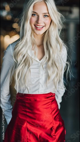 beautiful blonde woman in red skirt