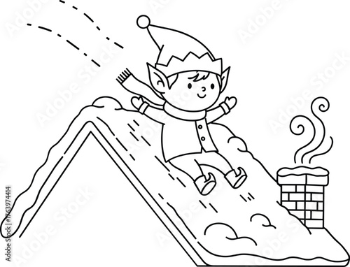 Whimsical christmas elf slides down a snowy rooftop with a chimney puffing smoke