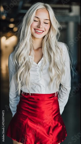 beautiful blonde woman in red skirt