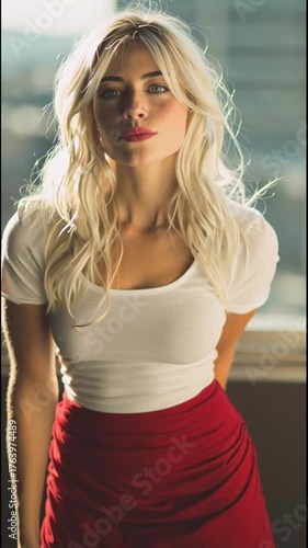 beautiful blonde woman in red skirt